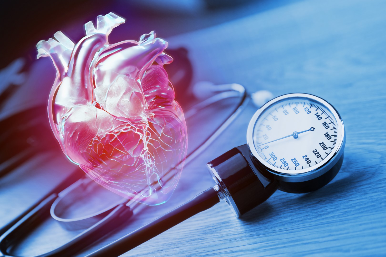 Illustration of a heart next to a blood pressure gauge represents the risk of a young athlete’s heart attack. 